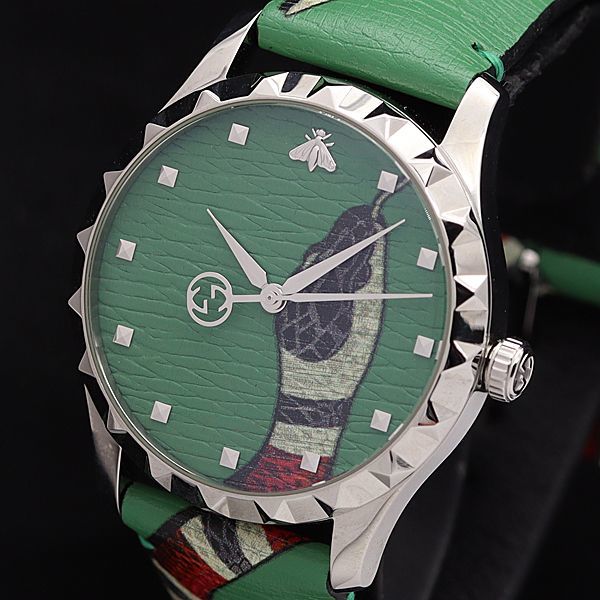 1円 稼働 良品 グッチ QZ YA1264081 Gタイムレス キングスネーク グリーン文字盤 ラウンド メンズ/ボーイズ腕時計 5811300HSY