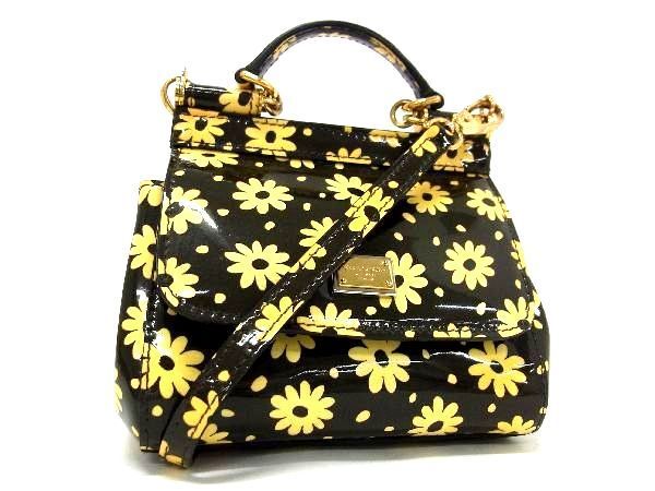 1円 DOLCE＆GABBANA ドルチェ&ガッバーナ PVC フラワー 花柄 2WAY ハンドバッグ ミニバッグ ショルダー ブラック系×イエロー系 AM5662