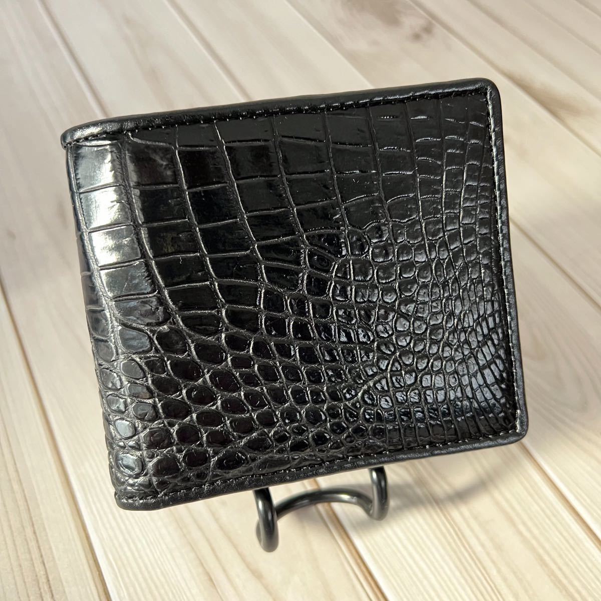 レア 艶あり 本物保証 ワニ革 本革 黒 クロコダイル ハンドメイド HAND