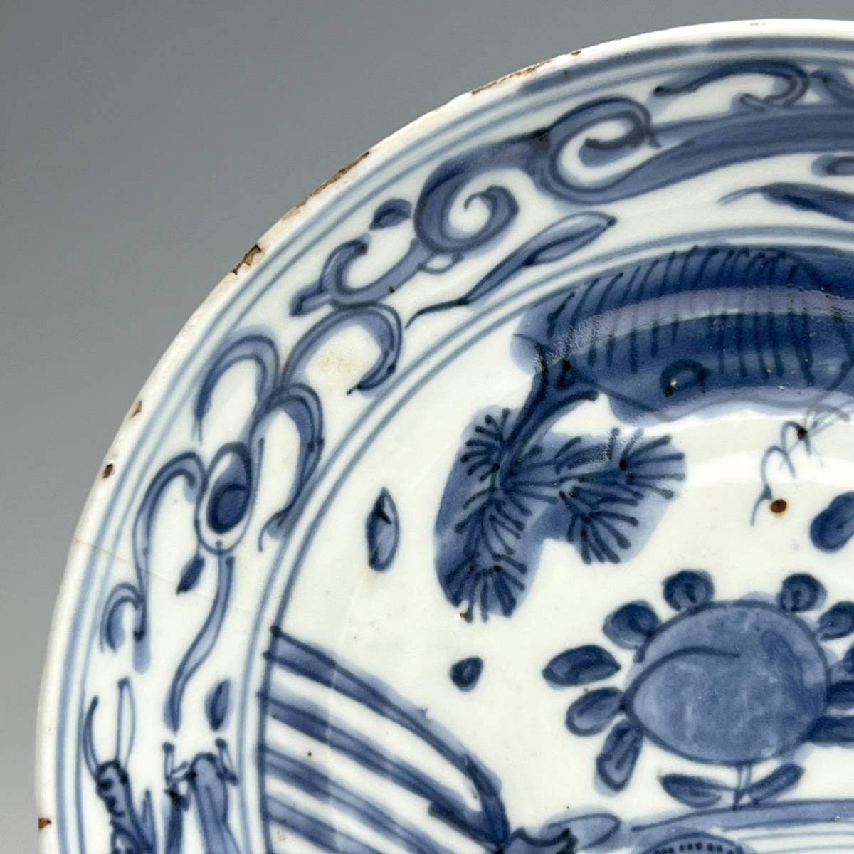 A390 古染付 双龍鹿紋皿 中国古玩 中国美術 明末 菓子器 唐物骨董 旧蔵