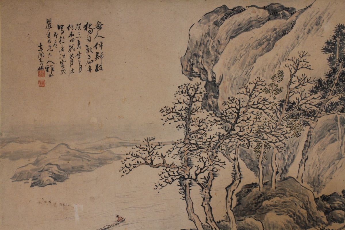 中国画 掛軸 肉筆 扇面 真作山水楼閣人物 六曲 【古】2791 東閣筆