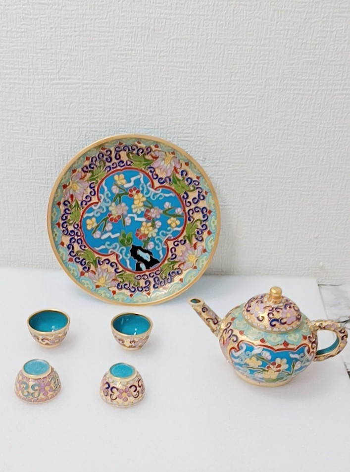 NN0808 069 中古 骨董品 中国 七宝焼き 茶器セット 金彩花柄 急須