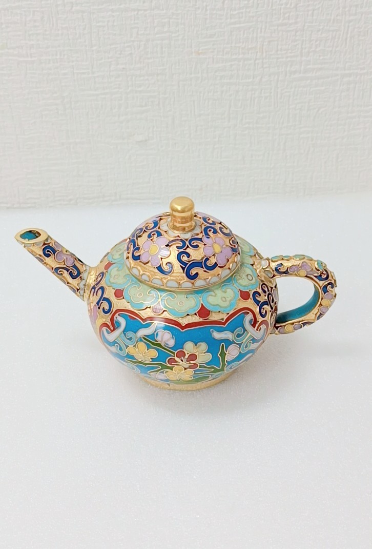 NN0808 069 中古 骨董品 中国 七宝焼き 茶器セット 金彩花柄 急須