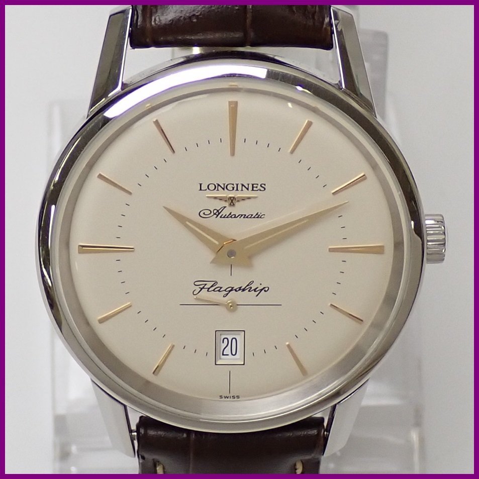 □LONGINES/ロンジン フラッグシップ ヘリテージ L47954782 自動巻き 腕時計/アイボリー系/シルバー/革ベルト/付属品多数&0839100035