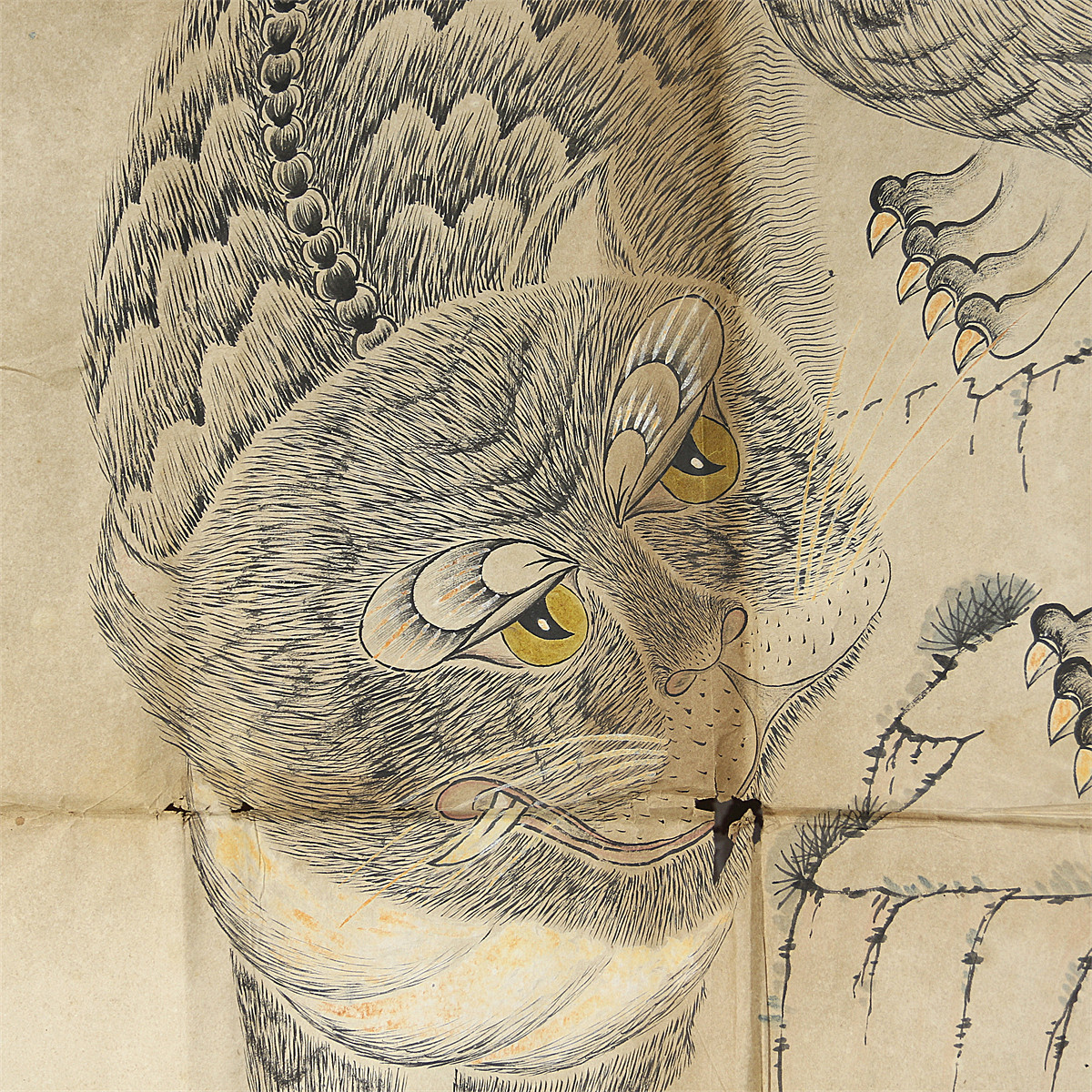 BA092 時代 【李朝民画】 肉筆 紙本 虎図 巻物／時代の破れあり 美品！