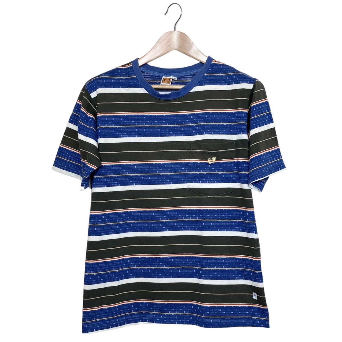 【80's】HANGTEN ハンテン ボーダー柄 ポケット Tシャツ M USA製 カーキ×ブルー ヴィンテージ アメリカ古着 半袖 オールドサーフ