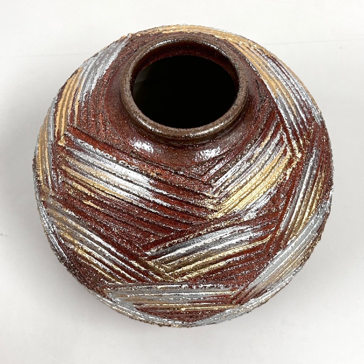80】1円～信楽焼 花瓶 金彩 紫峯作 壺 陶芸 信楽窯 花器 華道具 木箱