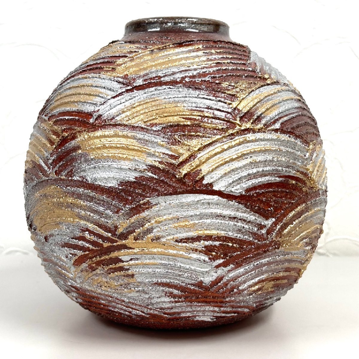 80】1円～信楽焼 花瓶 金彩 紫峯作 壺 陶芸 信楽窯 花器 華道具 木箱