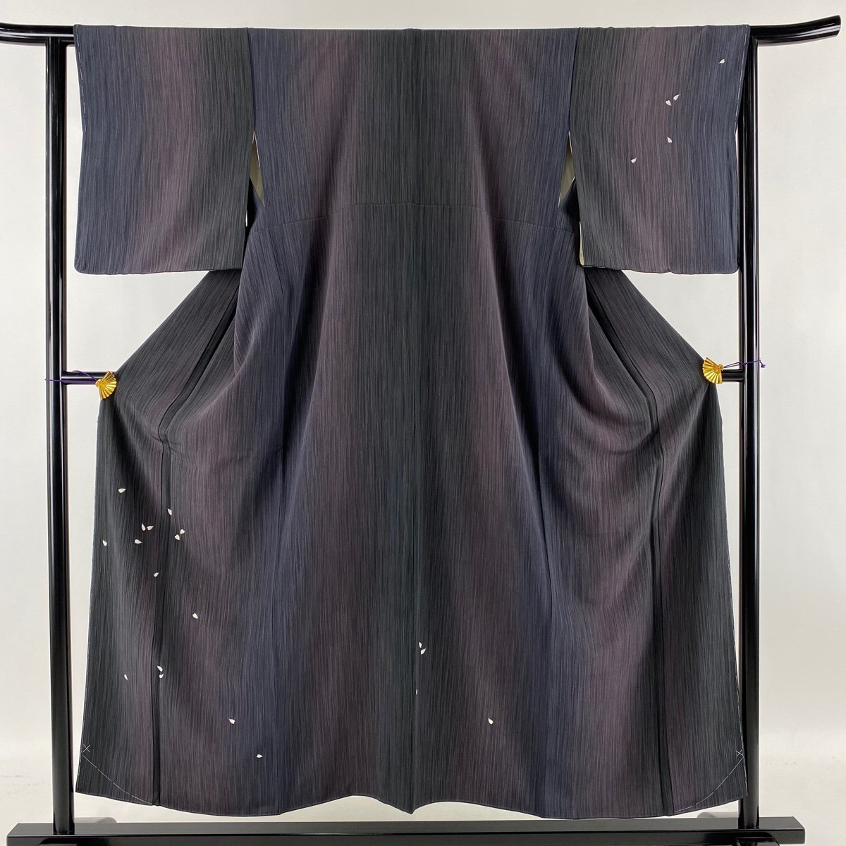 付下げ 美品 秀品 花びら 縦縞 金彩 濃紫 袷 身丈154cm 裄丈62.5cm S