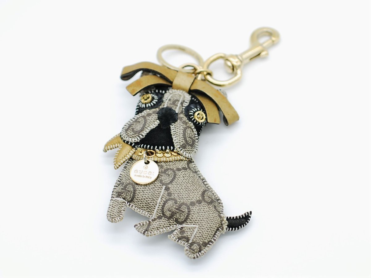 ■【YS-1】 グッチ Gucci ■ グッチョリ フレンチ ブルドッグ レロイ 犬 チャーム キーリング ■ 茶色系 全長約17.5cm 【同梱可能商品】C GUCCI グッチ 美品