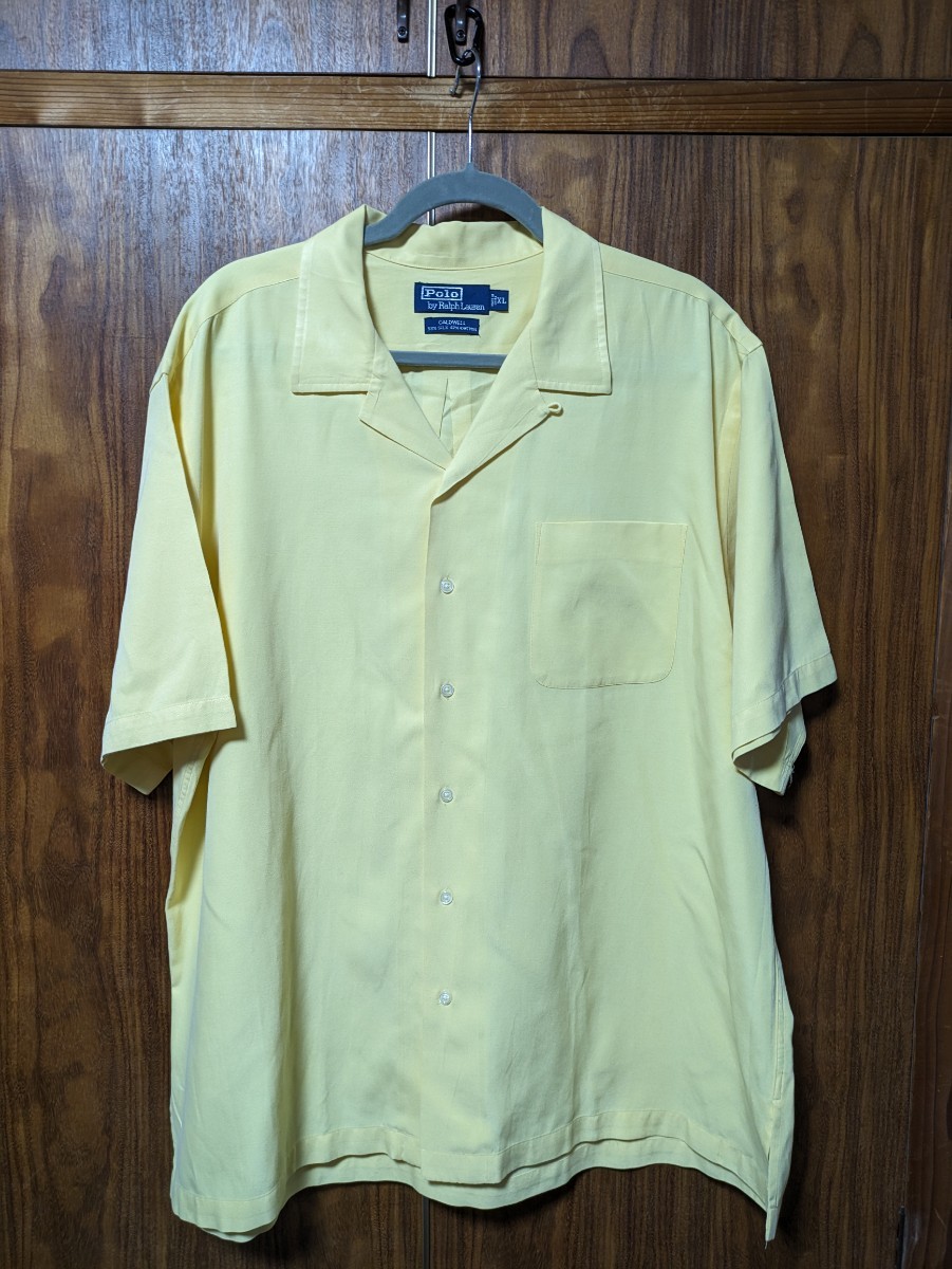 【1円スタート】90s POLO ポロ ラルフローレン CALDWELL イエロー 無地 シルクコットン L 半袖シャツ ビンテージ アロハ オープンカラー