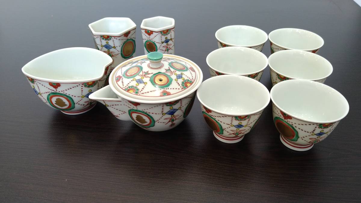 k515 平安 吉兆 赤絵金彩櫻珞紋 煎茶器 共箱付 湯呑6客 陶器 茶道具 美品 食器 キッチン用品 実用品 コレクションにも 60サイズ発送