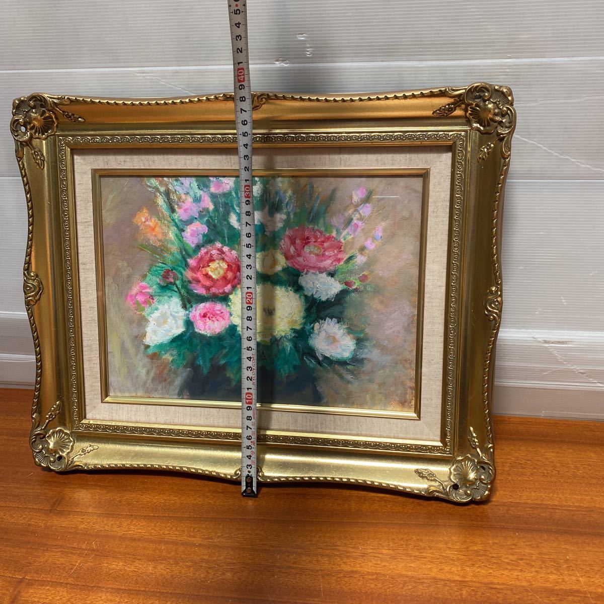 油彩画 花 花束 花瓶 風景画 油絵 額入り 額縁 フレーム ガラス 芸術 
