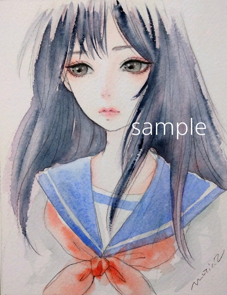 24531A 肉筆原画　手描きイラスト　絵画　ドローイング 肉筆原画 手描きイラスト 水彩画 みつあみ 手描き 日本画 絵画