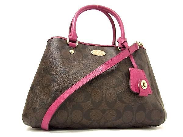1円 ■美品■ COACH コーチ F34605 シグネチャー PVC×レザー 2WAY ハンドバッグ ショルダー レディース ブラウン系×パープル系 BG1031