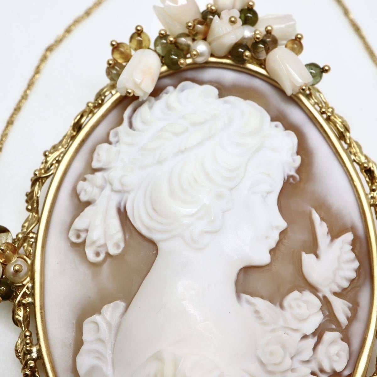 カメオ ブローチ ペンダントトップ k18 18金 シェル 西洋 芸術 金多め