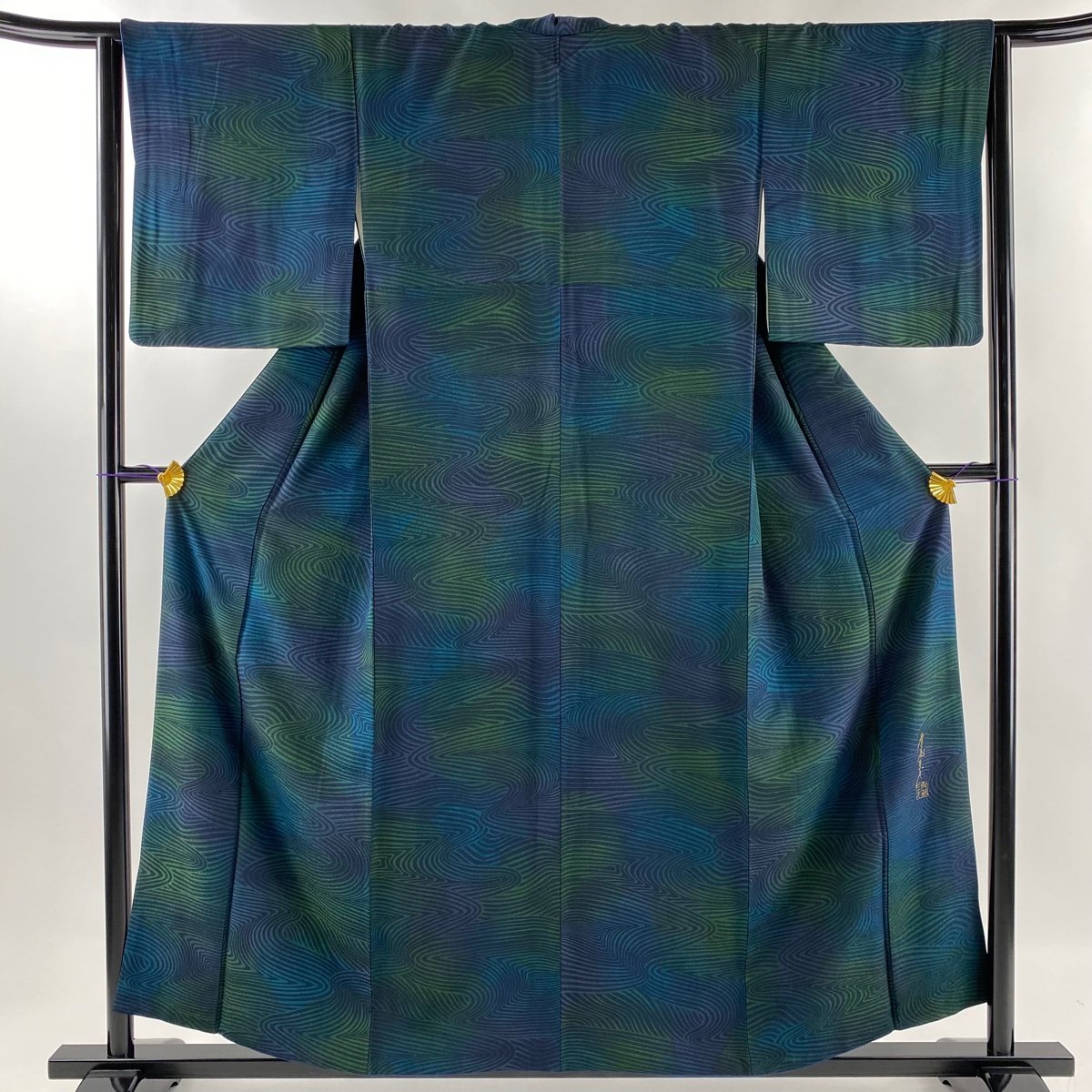 小紋 身丈156.5cm 裄丈63.5cm S 袷 斉藤三才 落款 流水 ぼかし 青