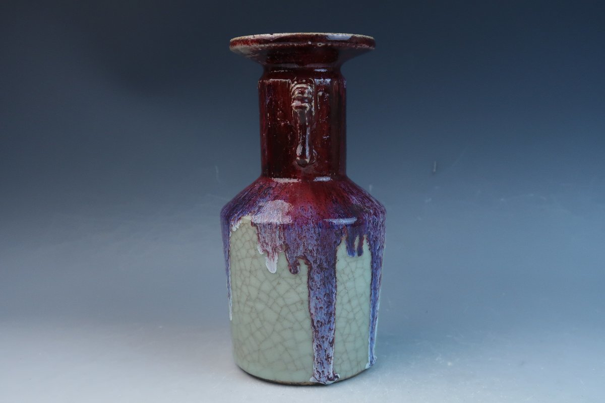 中国古玩 清代 青磁 辰砂釉 獣耳 双耳花瓶 花入 飾瓶 無傷 花器 茶道具