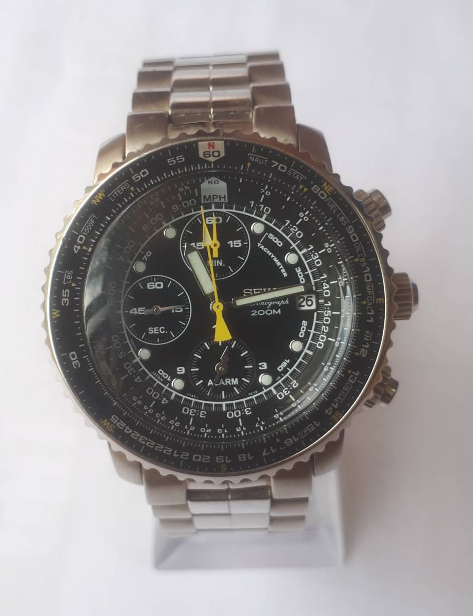 ♪♪セイコー/SEIKO♪パイロットクロノグラフ /アラーム/200M/V657-7100/黒文字盤/パンダ/クオーツ【オーバーホール用/ジャンク品/部品取】