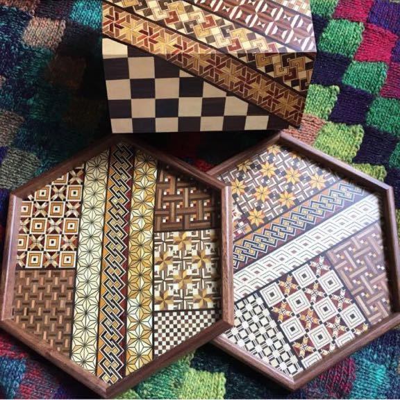 ☆箱根 寄木細工 ゴミ箱 六角盆(寄木)2枚の3点セット☆工芸品木製