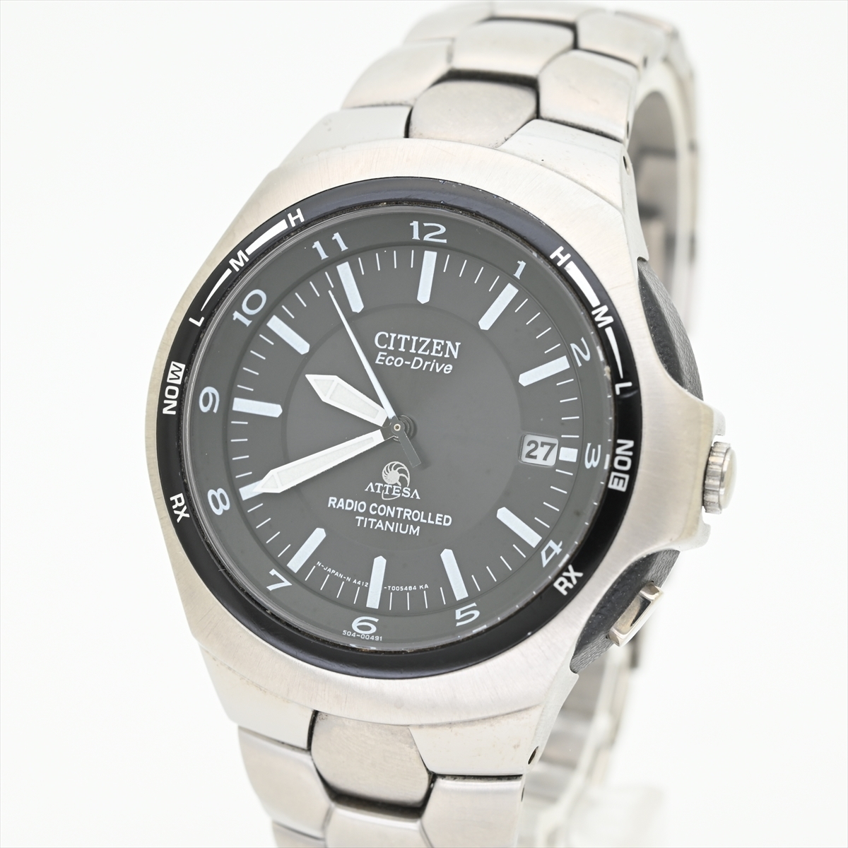 シチズン/アテッサ●ソーラー電波時計 TITANIUM/チタン 風防無傷 黒ブラック 時刻正確/動作良好 メンズ腕時計 A412-T003265 エコドライブ