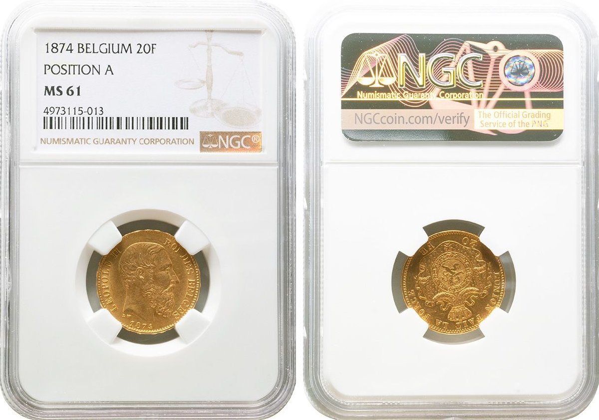 ベルギー 20フラン金貨 1874年 品 レオポルド2世 NGC MS61 の入札履歴