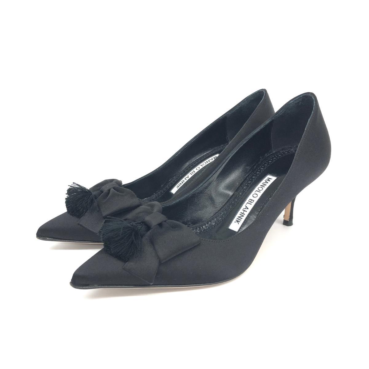良好◆MANOLO BLAHNIK マノロブラニク パンプス 35◆ ブラック サテン リボン レディース 靴 シューズ shoes MANOLO パンプス BLAHNIK -靴 レディース の文字を