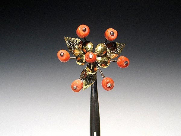 桃】アンティーク髪飾り：金工珊瑚花風車簪 | アンティーク 金工 