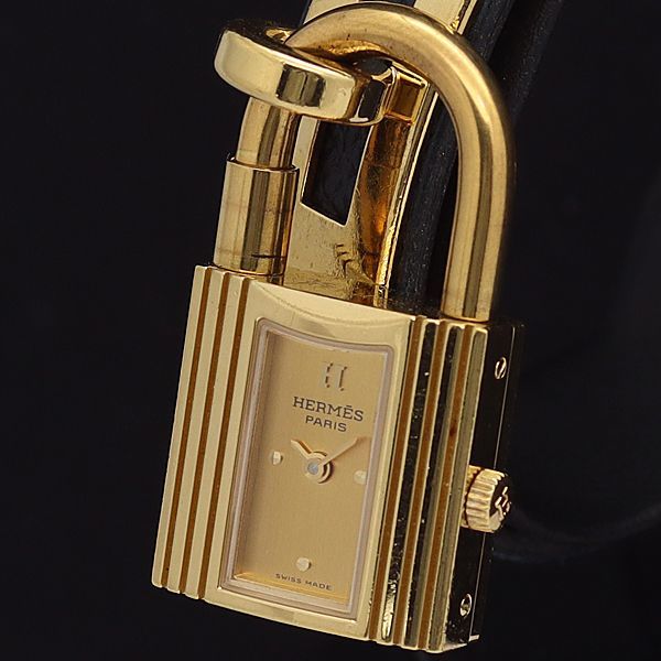 1円 稼働 良品 エルメス QZ ケリーウォッチ ゴールド文字盤 スクエア レディース腕時計 0158400NKG