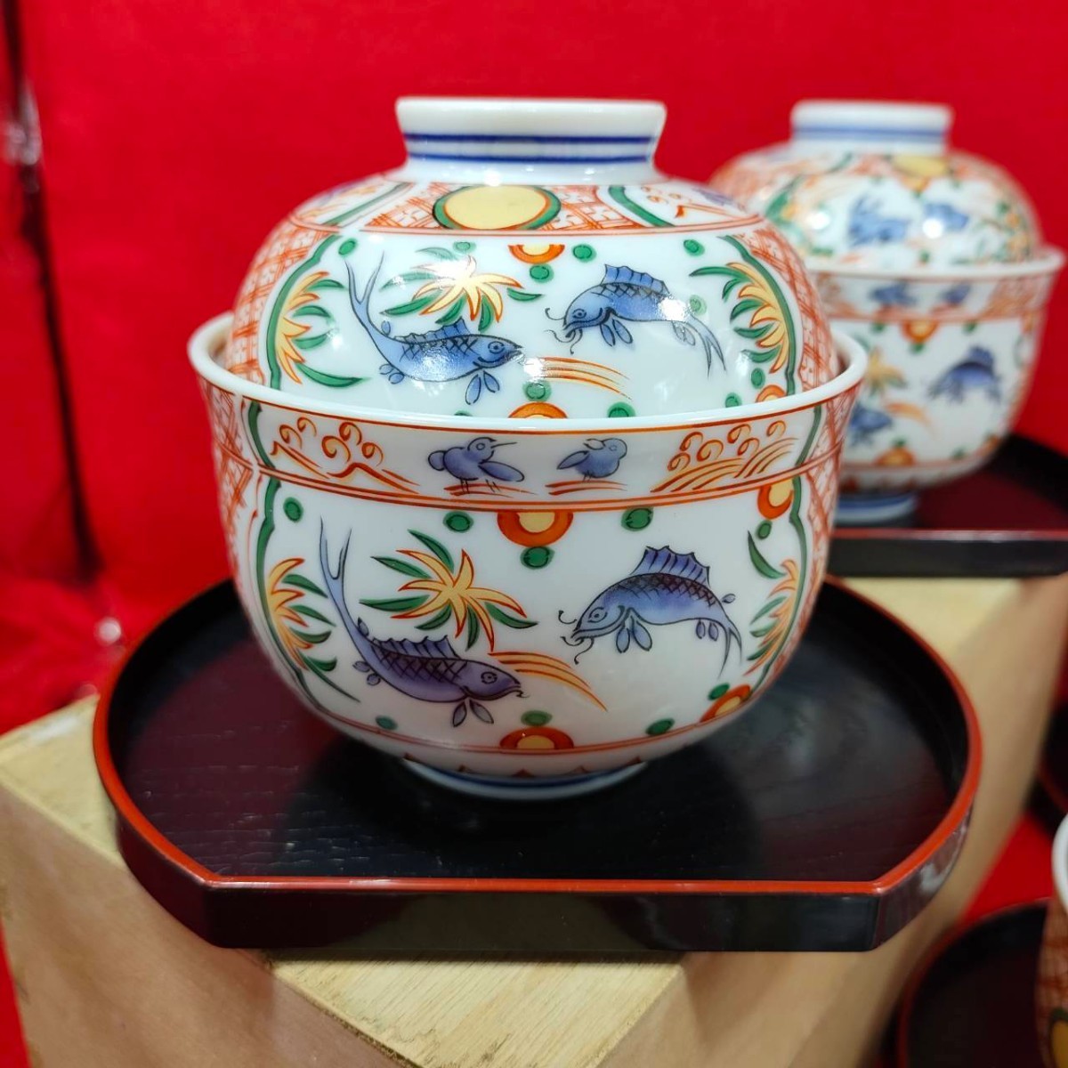 有田焼 翠泉窯 赤絵花鳥 茶碗蒸し碗揃 5客セット 蓋付き碗 煮物鉢