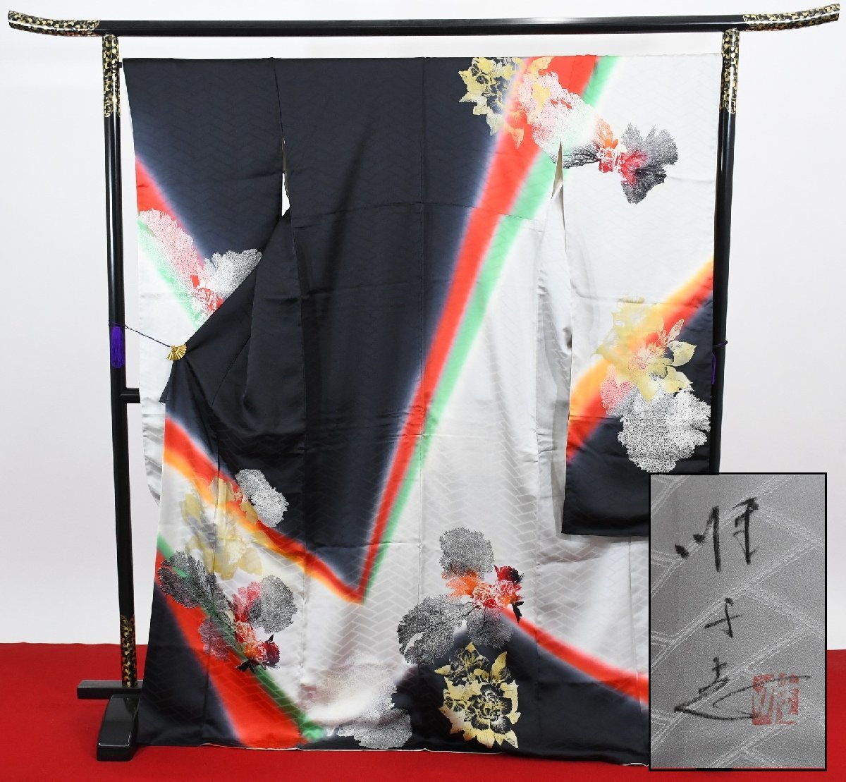 振袖 成人式 結婚式 日展作家 山本唯与志 レリーフ染 モダン 牡丹 身丈168.3cm 裄丈68.5cm ★着物 f-664 桜庭呉服店