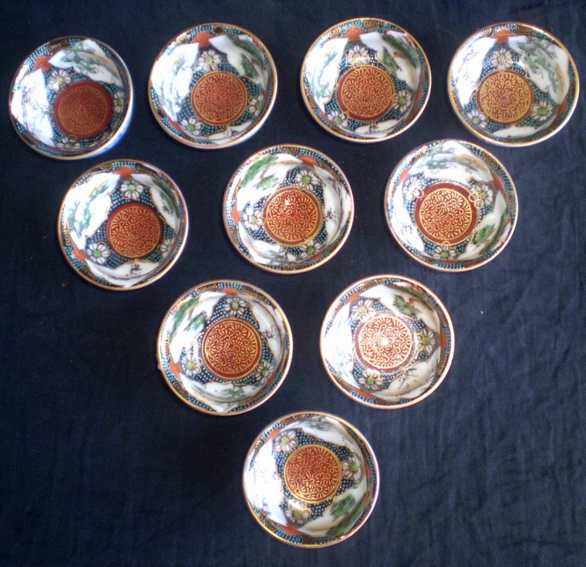 九谷焼　煎茶 湯呑　10客　青粒・金彩　煎茶道具/中国茶/玉露　盃ー②