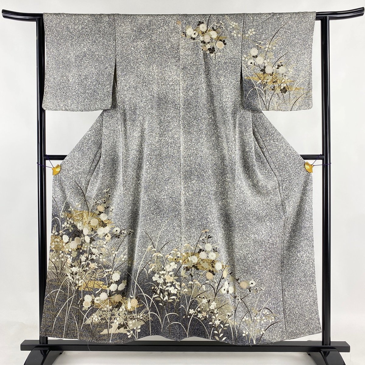 訪問着 身丈156cm 裄丈62cm S 袷 秋草 霞 金彩 黒 正絹 美品 秀品 一つ紋 【中古】