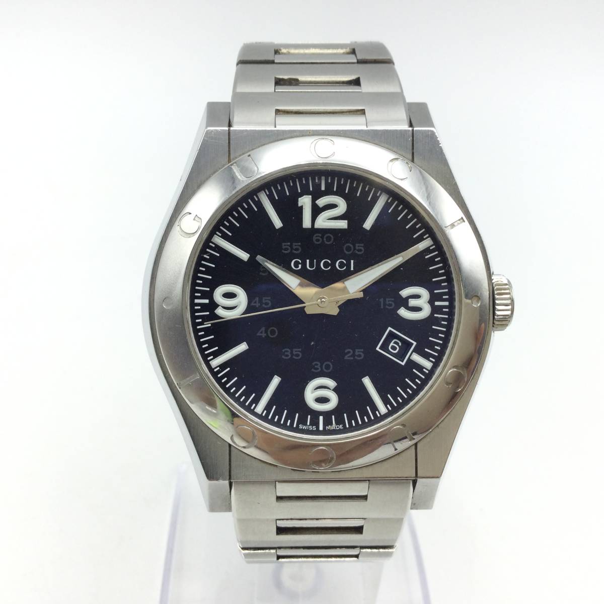 J9◆【QZ/不動】GUCCI グッチ パンテオン 115.2 メンズ腕時計 クォーツ デイト 純正ベルト 現状品 ◆