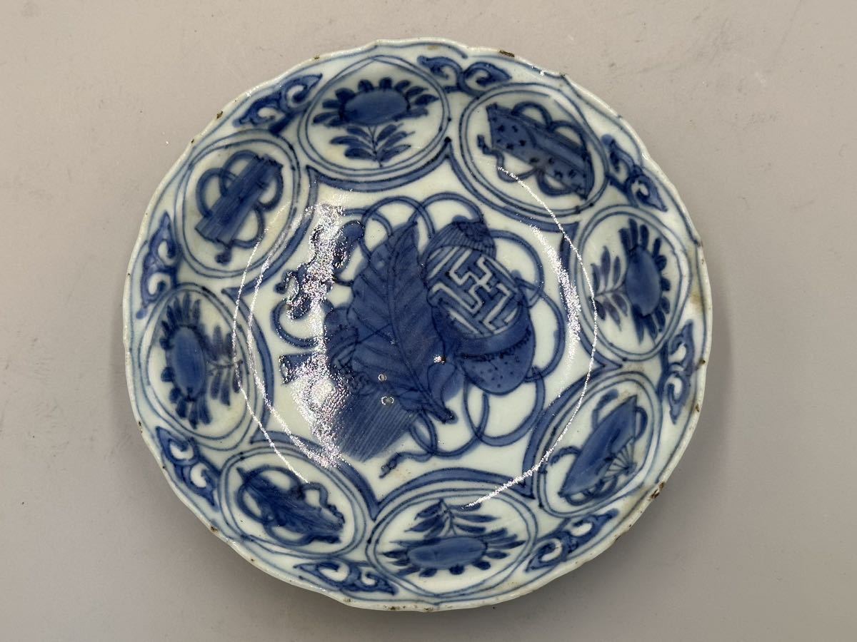 中国 古染付芙蓉手五寸皿 絵変宝尽 5客 鯰皿 小鉢 古伊万里 呉須 唐物 