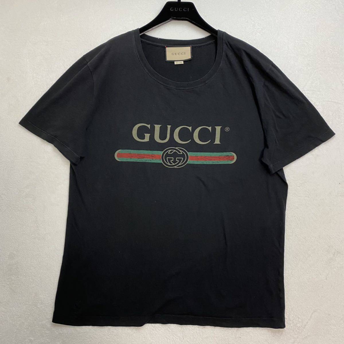 【美品】グッチ 半袖 Tシャツ シェリーライン ヒョウ ダメージ加工 黒 大きめ 格安，送料無料 極美品 希少XL程 現行 グッチ GUCCI 半袖Tシャツ