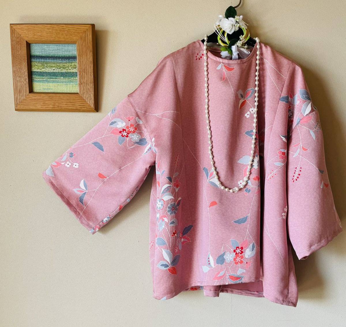 ☆handmade着物リメイク：正絹くすみピンク花柄小紋から2WAY袖トップス