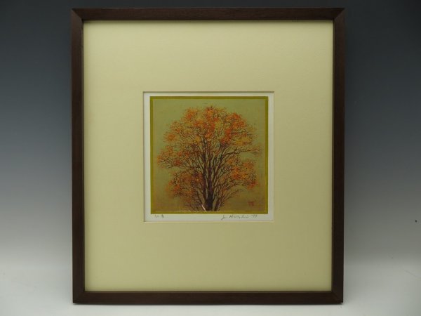 星襄一「梢（赤）」木版画 直筆サイン入り 1973年作 額縁入り 樹の木版