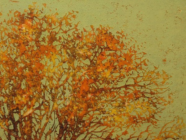 星襄一「梢（赤）」木版画 直筆サイン入り 1973年作 額縁入り 樹の木版