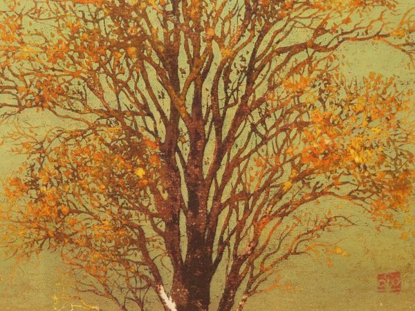 星襄一「梢（赤）」木版画 直筆サイン入り 1973年作 額縁入り 樹の木版