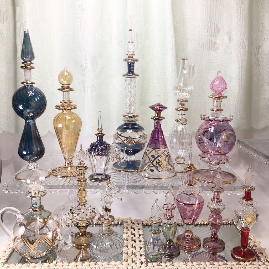 エジプト香水瓶 15点セット 金細工 パフュームボトル 工芸硝子 吹き