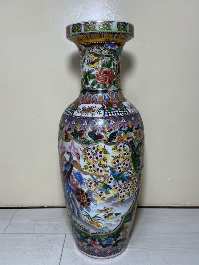 得価，本物保証 薩摩 大花瓶 高さ約61cm 金彩色絵 花鳥図