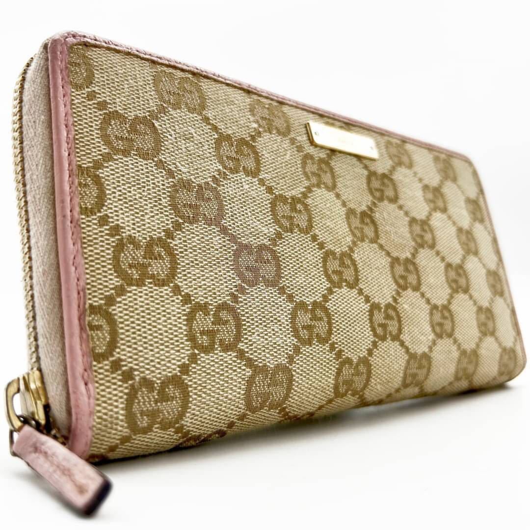 グッチ 【美品】 GUCCI 長財布 ラウンドファスナー キャンバス GG柄 ロゴ ゴールドプレート レザー 本革 ピンクベージュ メンズ レディース