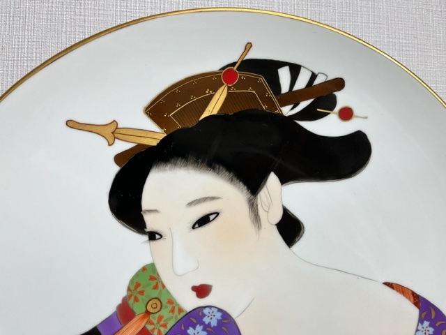上源六製 春画 大皿 飾皿 在銘 浮世絵 絵皿 直径約39.7㎝ 美人画 工芸