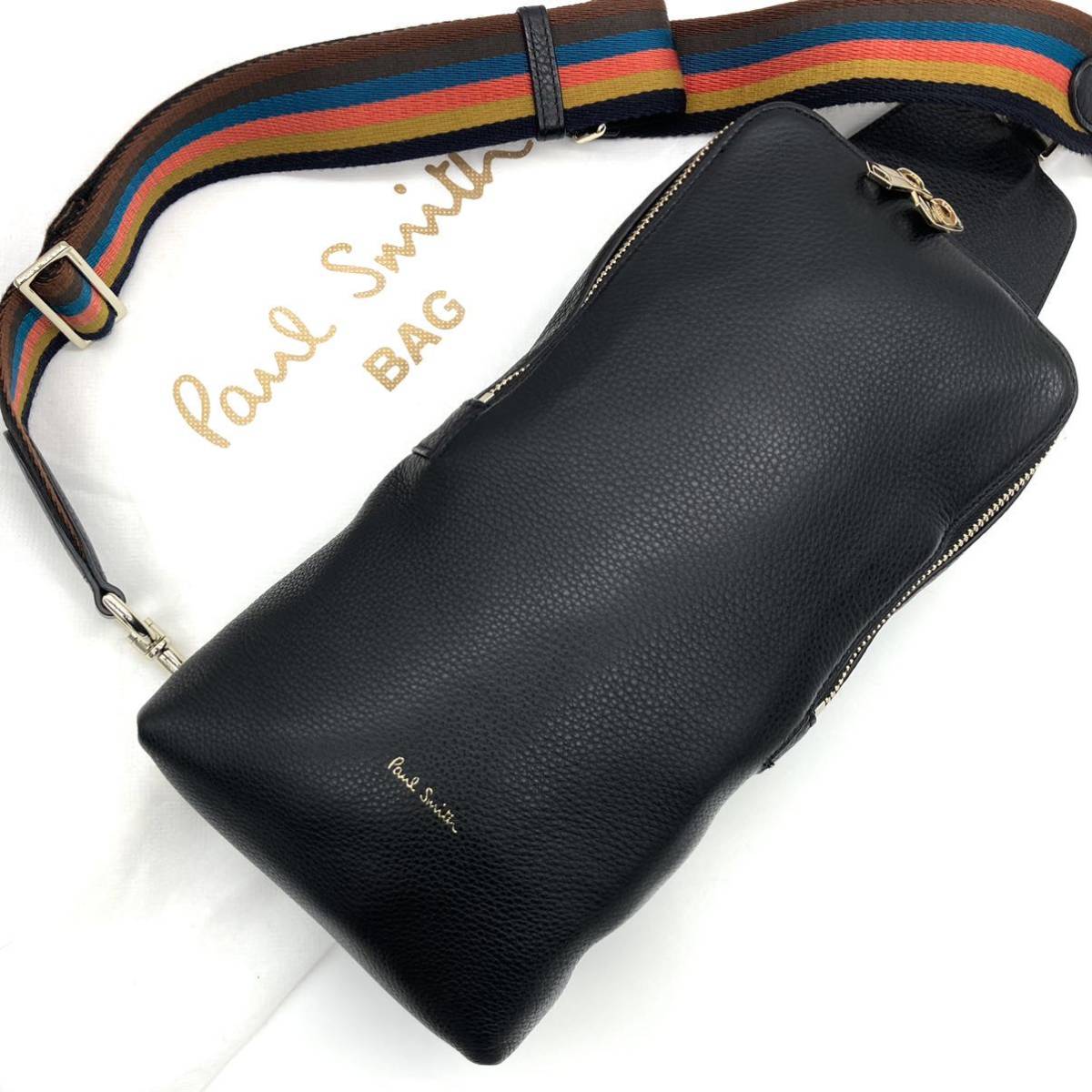 【極美品 近年モデル】 Paul Smith ボディーバッグ クロスバッグ マルチストライプ 斜めがけ レザー シボ皮 ポールスミス メンズ ブラック