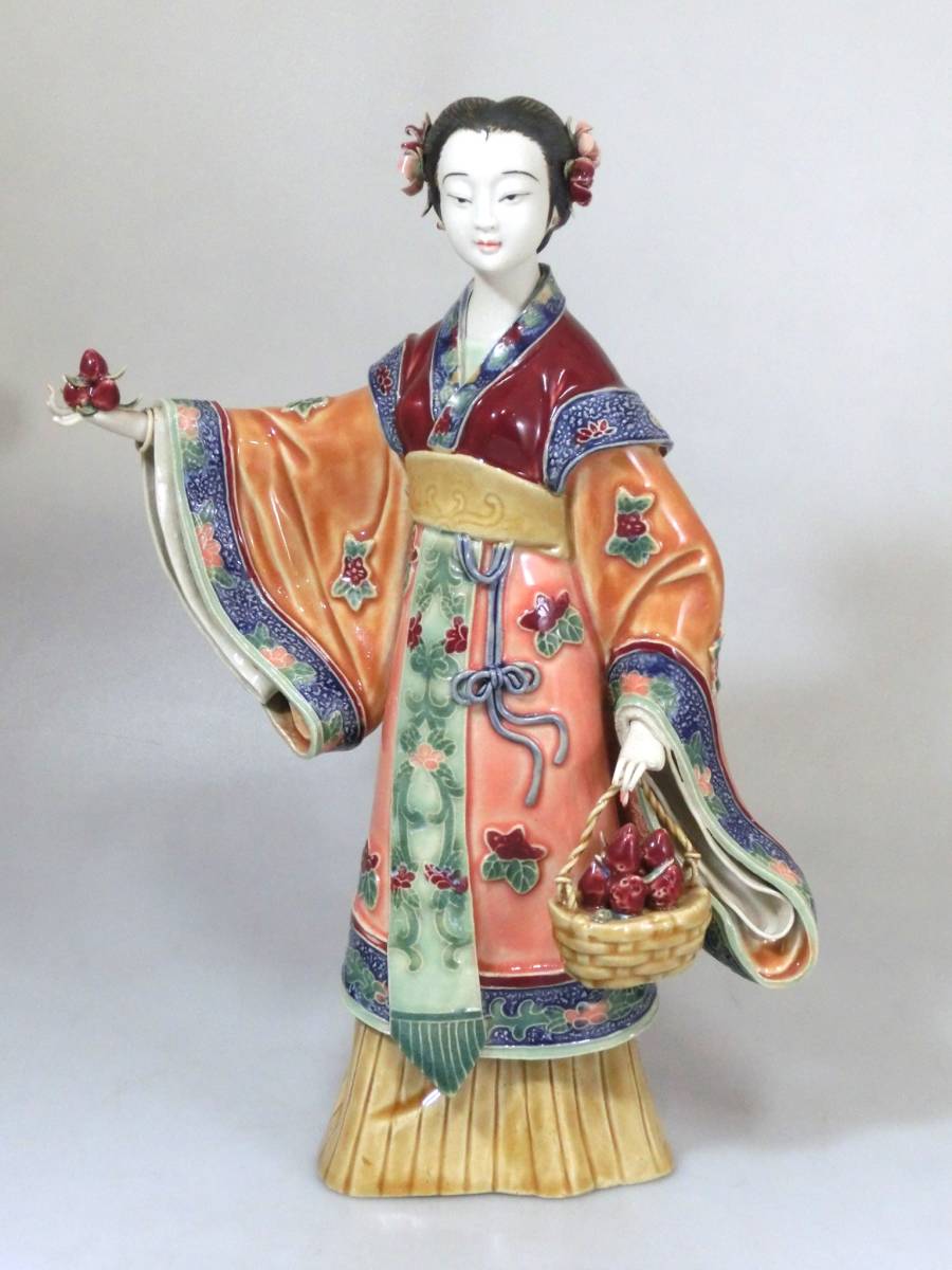 中国美術 石湾窯 林乃河 作 國色天香 彩色唐美人像 陶器 人形 置物