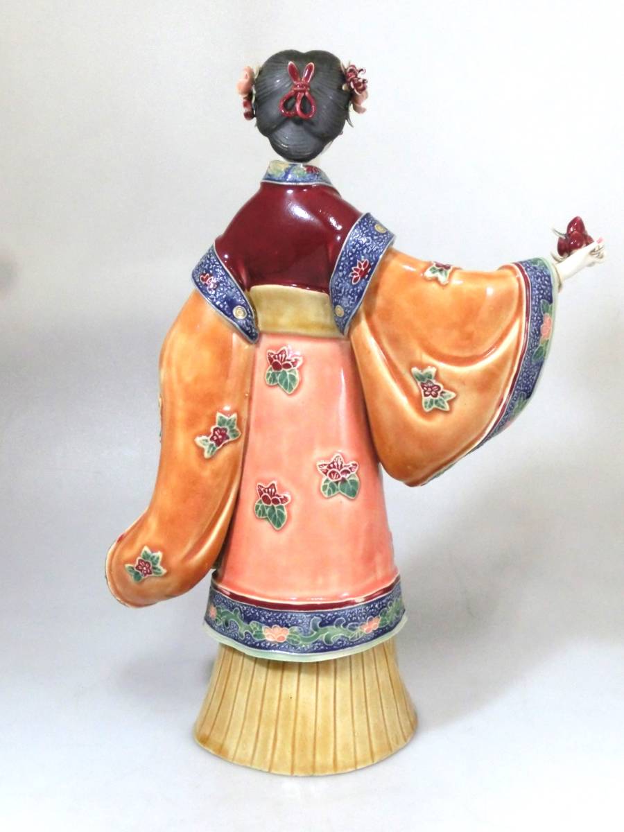 中国美術 石湾窯 林乃河 作 國色天香 彩色唐美人像 陶器 人形 置物