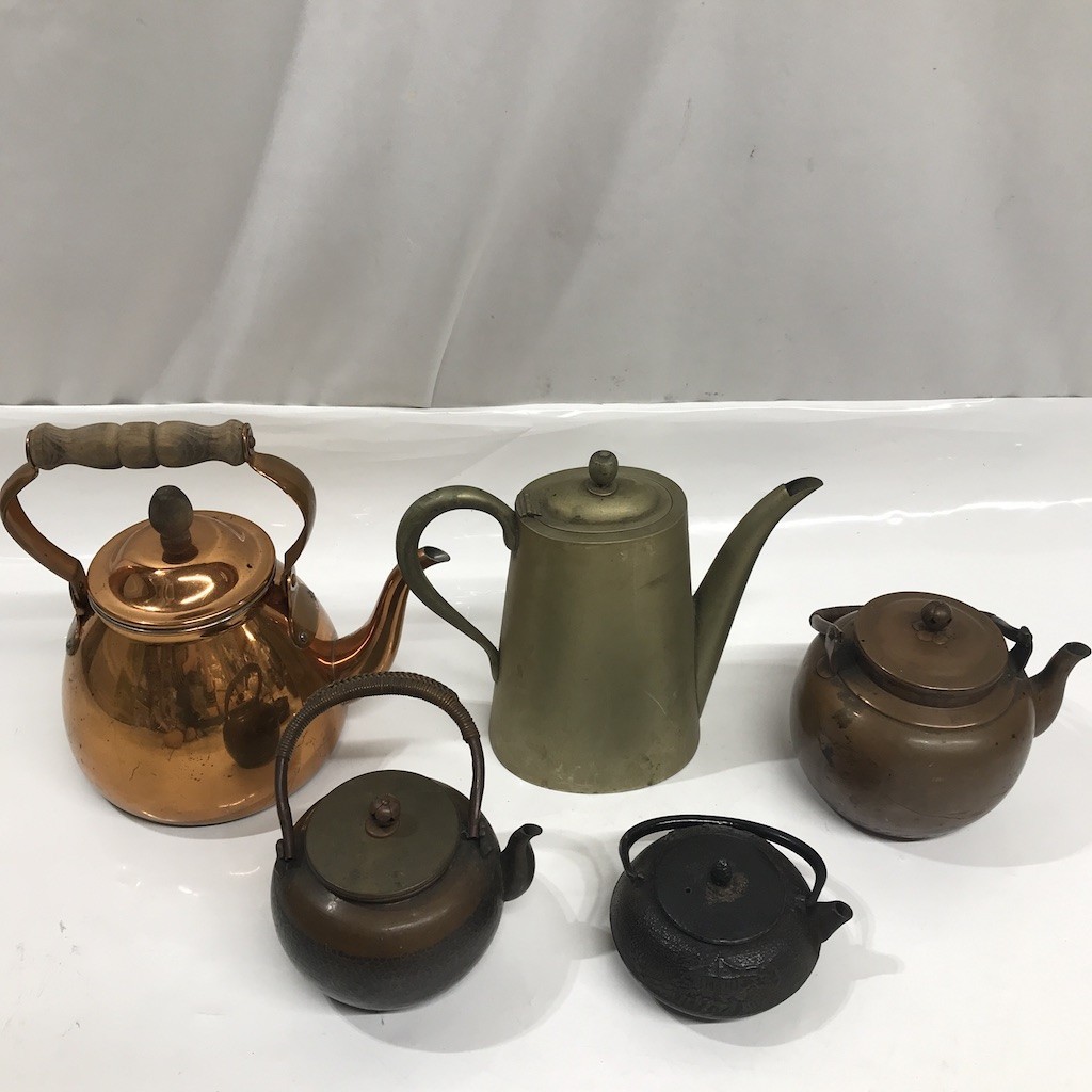 【アンティーク】いぶし銀　薬缶 鉄瓶 5点 ビンテージ 骨董 ヤカン 薬缶 急須 茶器 銅製 鉄瓶 MORICO ケトル