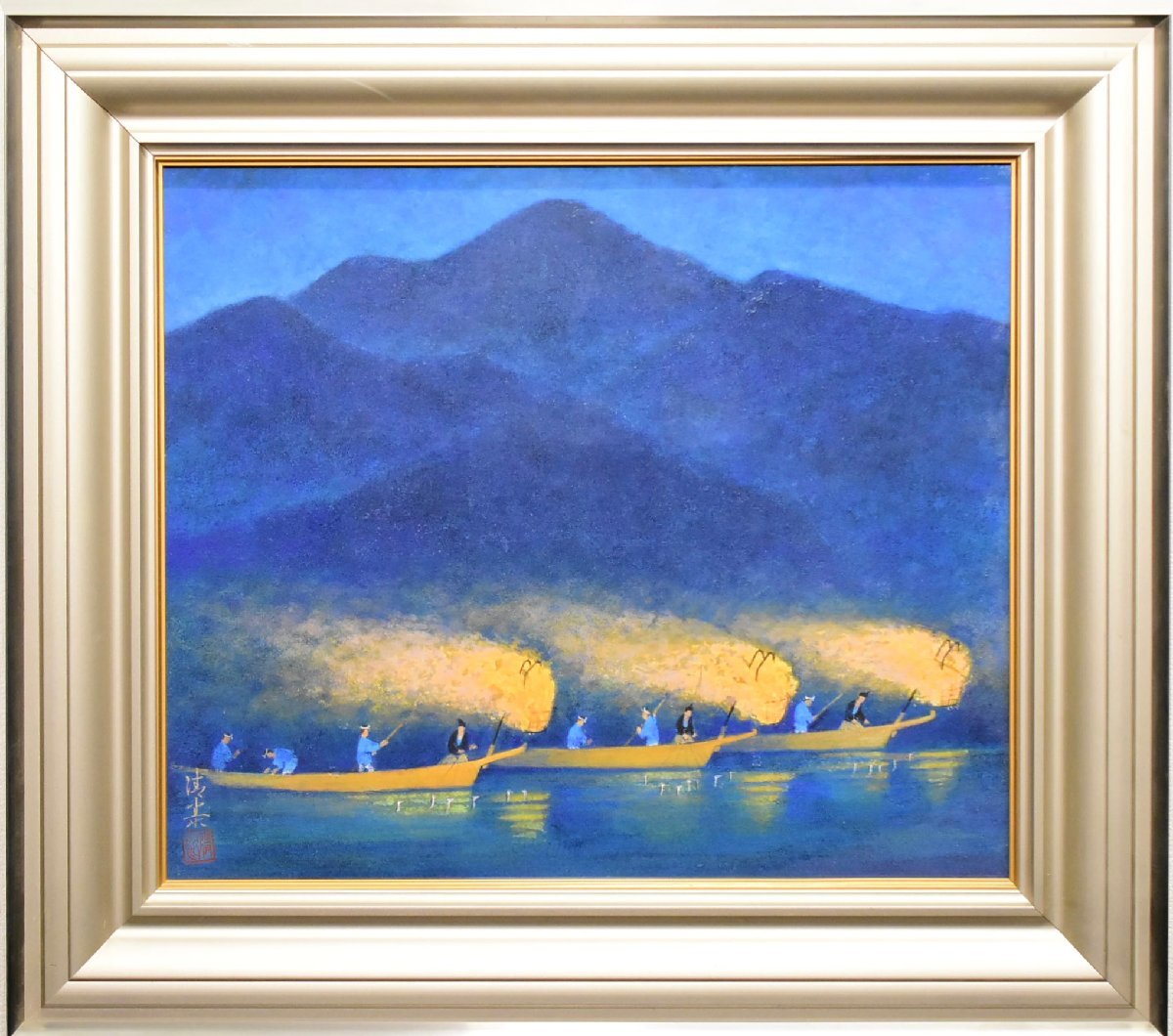 真作】森島清康『鵜飼』10号 日本画 肉筆 原画 共シール 絵画 額装