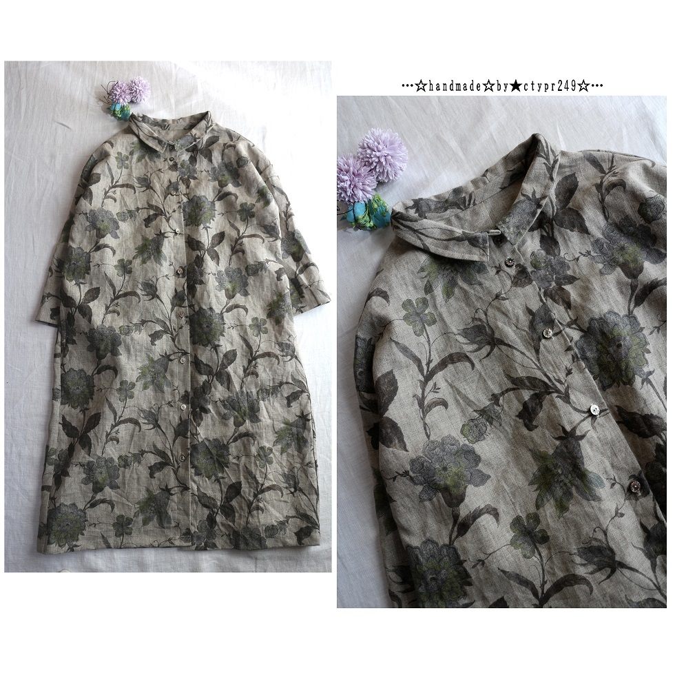 hand　made♪リネンオリエンタルflowerプリントちび襟羽織OP♪